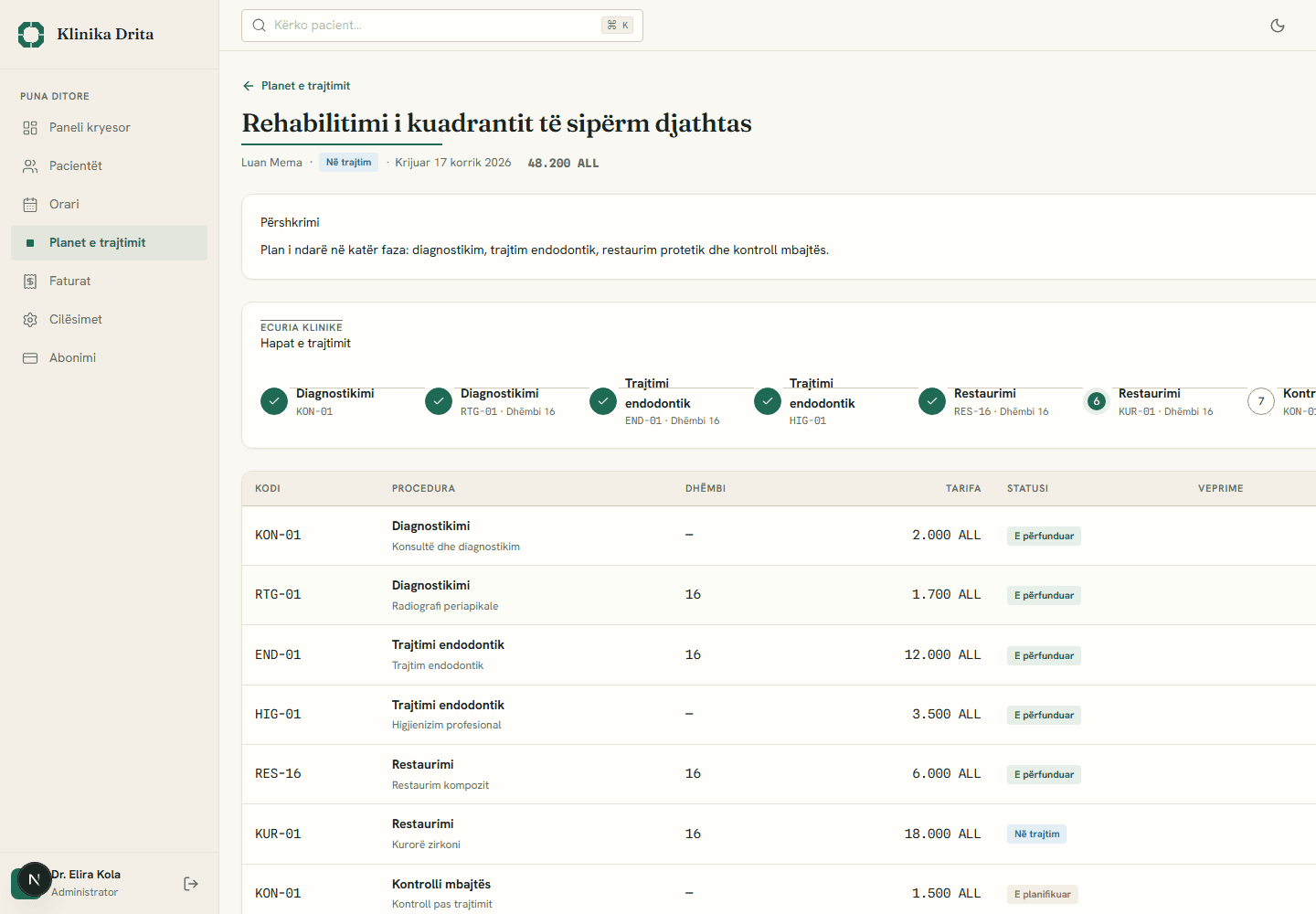 Plan trajtimi në Ordent me faza, tarifa në ALL dhe gjendjen e secilës procedurë.